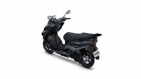 Suzuki Burgman Street EX 2023 black scooter, rear side view highlighting tail light and sleek body design, on neutral background