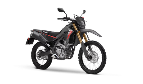 Front side view of Honda CRF300L 2025 Swift Grey  reliable dual sport motorcycle available for rent in Bosnia