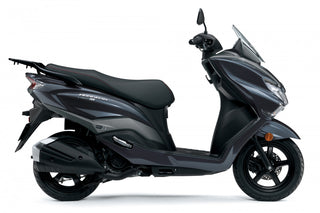 Suzuki Burgman Street EX 2023 in black, right side view on white studio background , modern urban scooter for rent in Bosnia.