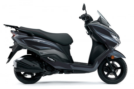 Suzuki Burgman Street EX 2023 in black, right side view on white studio background , modern urban scooter for rent in Bosnia.